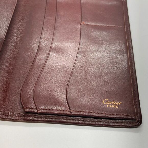 Must De Cartier Bordeaux Burgundy Red & Gold Leather Wallet Checkbook Holder - Picture 7 of 9